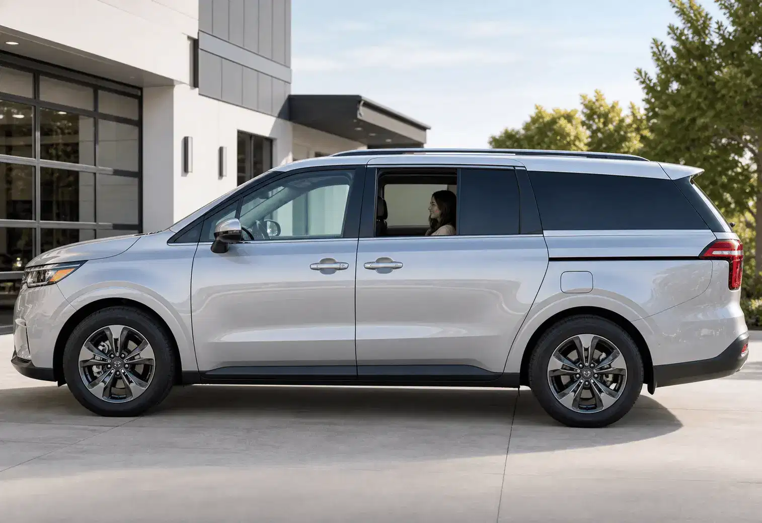 Silver minivan side profile with a half-open rear window showing privacy tint beside a visible back-seat passenger