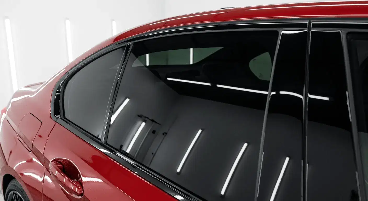 Close-up of black reflective tint on a red BMW M340i-style sedan inside a clean white tint workshop