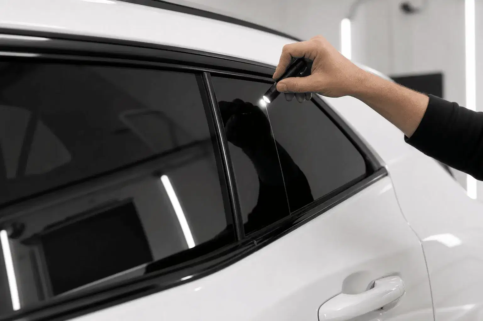 Installer checking window tint edges on a white vehicle
