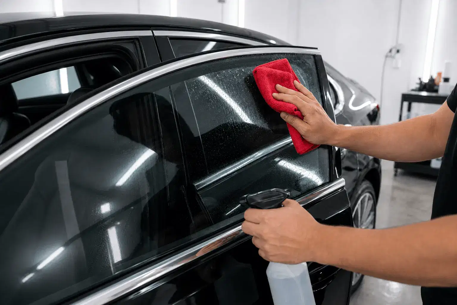 Installer wiping a vehicle side window with a red microfiber cloth before tint installation
