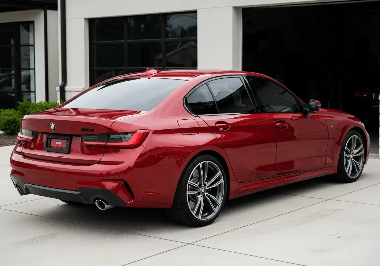 Red BMW M340i-style sport sedan with dark reflective window tint outside a clean tint workshop