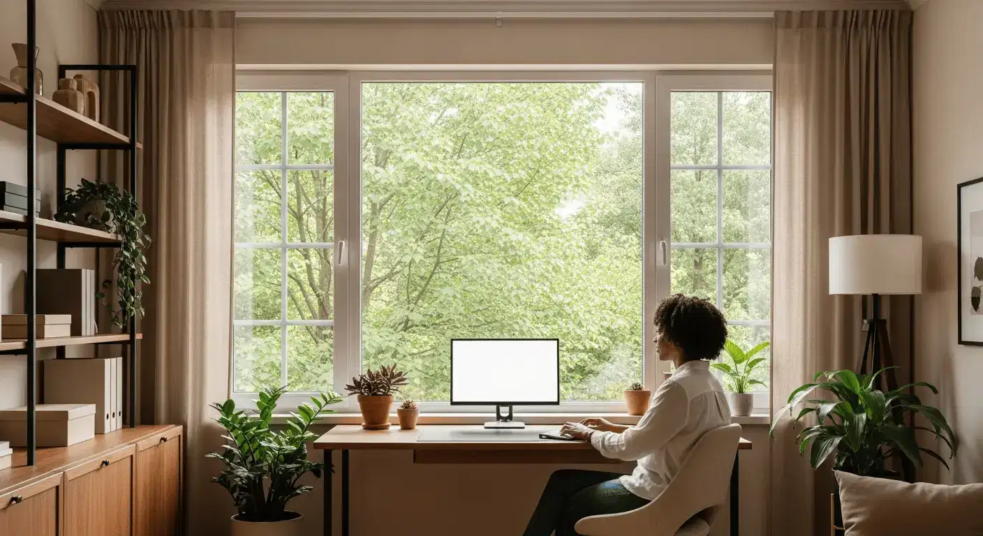 Worker using a computer beside clean office windows with softened glare