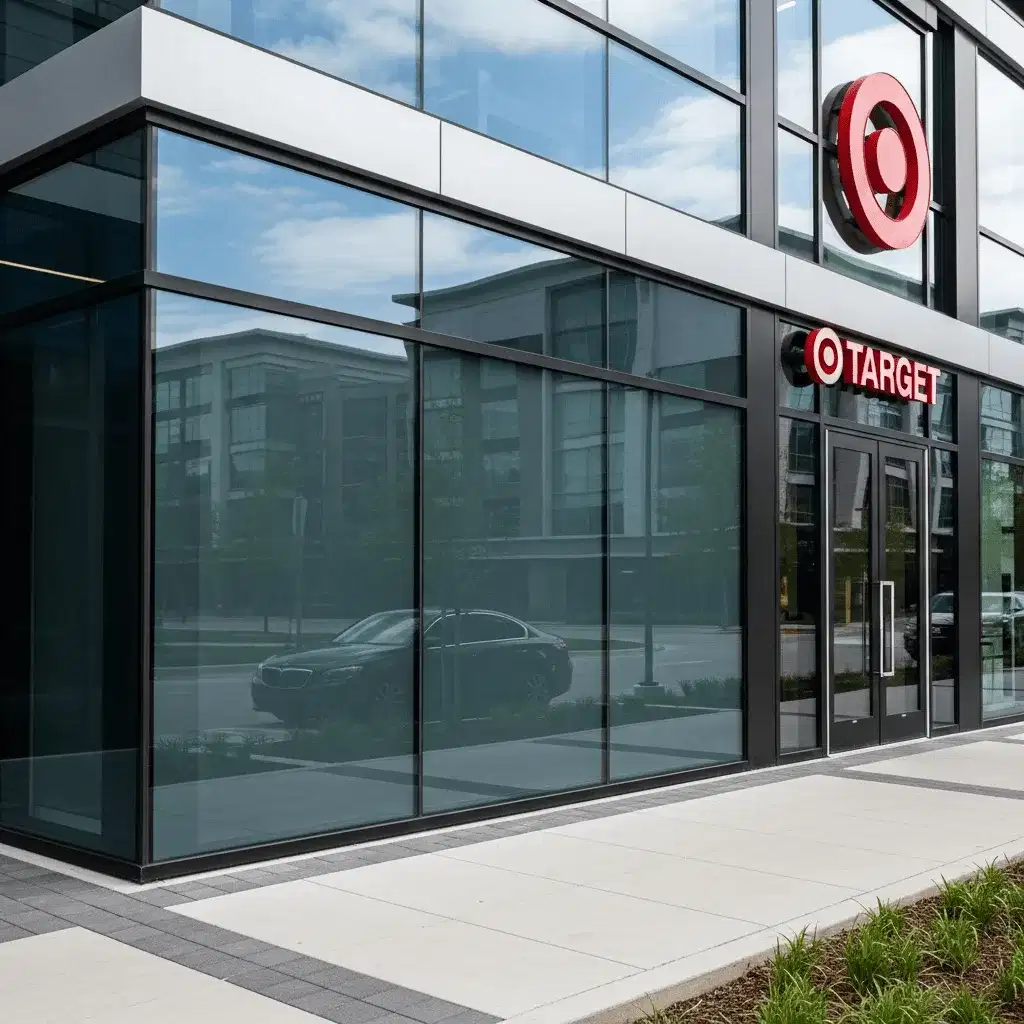 Red storefront office glass with stylish architectural window tint