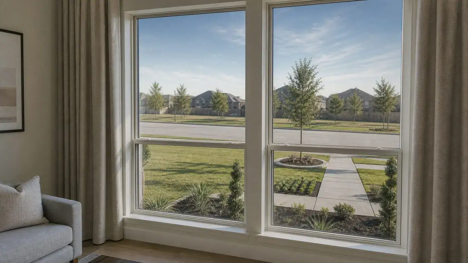 Interior view through residential front windows with subtle reflective film