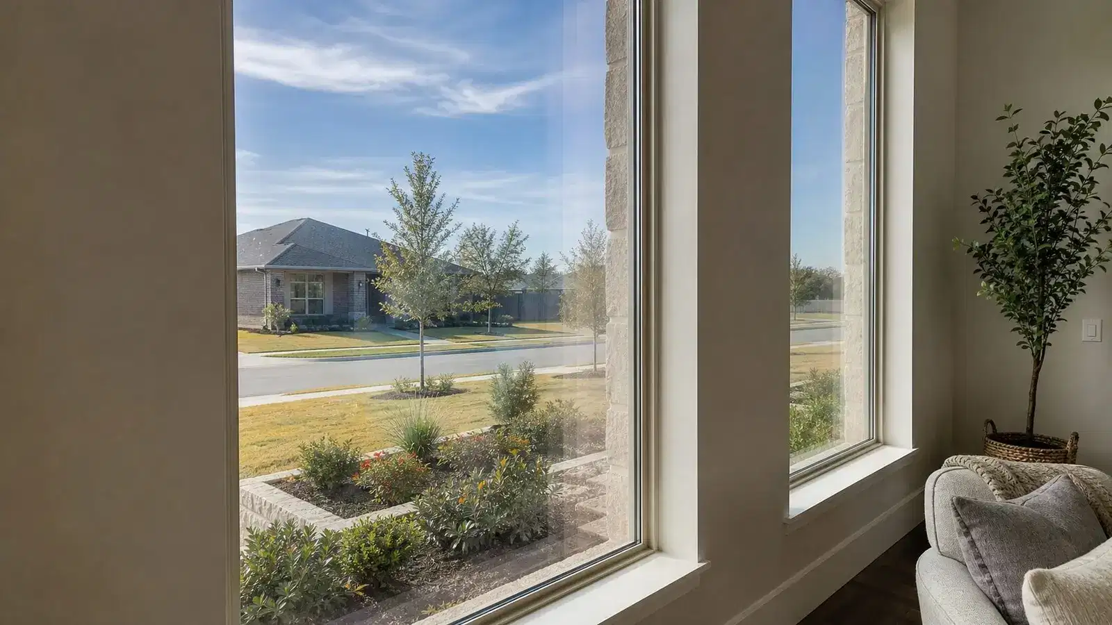 Interior oblique view showing reflective residential architectural window film